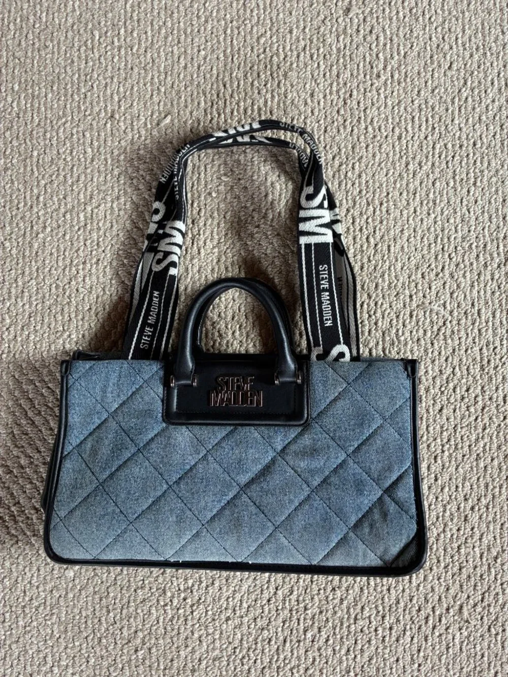 Steve Madden BCASIDY Satchel Tote-Washed Denim Blue | Quilted Denim + Logo Strap